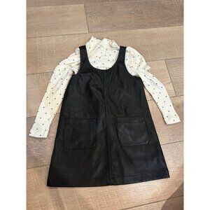 Baby GAP Toddler 2-Piece Black Faux Leather Pinafore Dress White Polka Dot Top 3